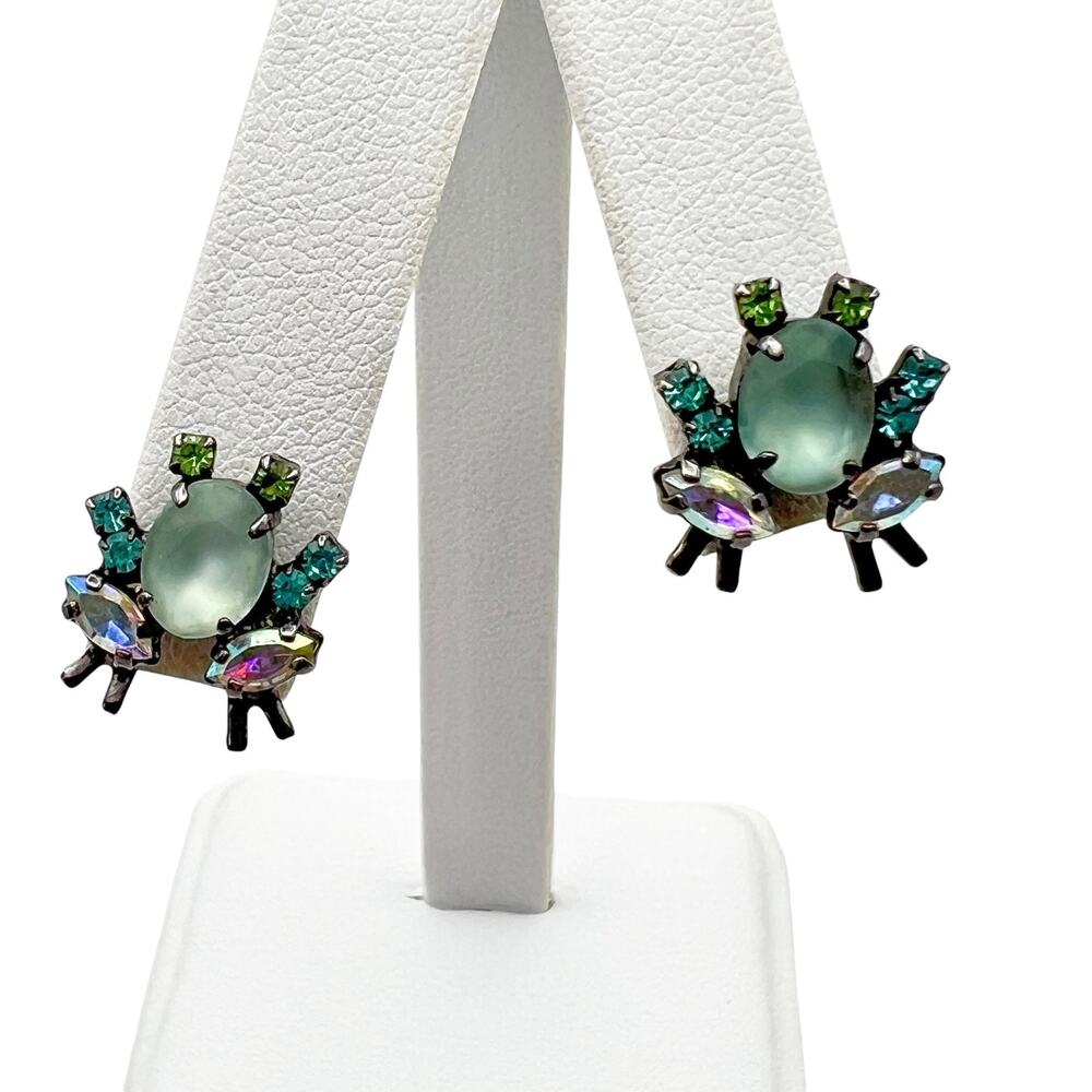 Frosted Glow Cabochon Earrings Pierced Blue Green AB Rhinestones Retro